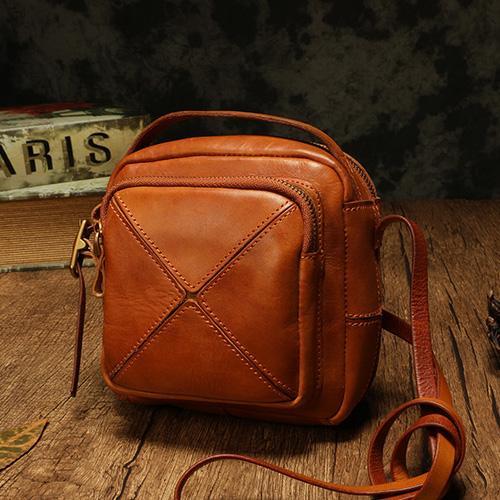 Vintage Womens Brown Leather Square Small Handbag Side Bag Crossbody Bag for ladies