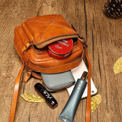 Vintage Womens Brown Leather Square Small Handbag Side Bag Crossbody Bag for ladies