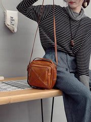 Vintage Womens Brown Leather Square Small Handbag Side Bag Crossbody Bag for ladies