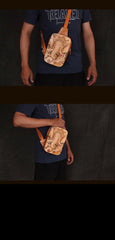 Handmade Beige Ganesha Tooled Leather Sling Bag Chest Bag One Shoulder Backpack For Men