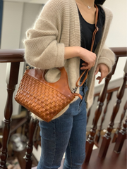 Brown Braided Leather Womens Bucket Handbag Shoulder Bucket Bag Purse Side Bag for Ladies