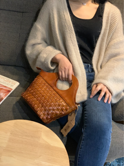 Brown Braided Leather Womens Bucket Handbag Shoulder Bucket Bag Purse Side Bag for Ladies