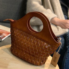 Brown Braided Leather Womens Bucket Handbag Shoulder Bucket Bag Purse Side Bag for Ladies