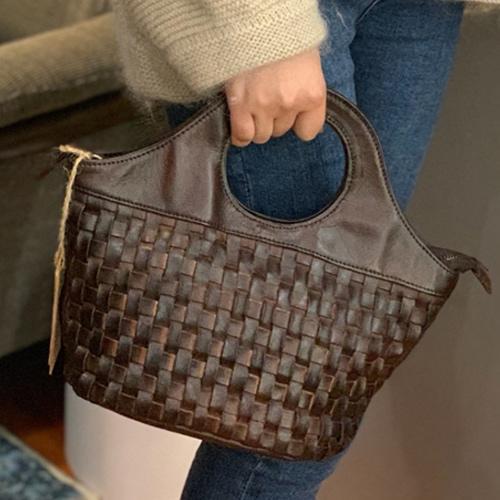 Coffee Womens Braided Leather Bucket Bag Weaved Handbag Bucket Bag Purse for Ladies
