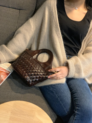 Brown Braided Leather Womens Bucket Handbag Shoulder Bucket Bag Purse Side Bag for Ladies