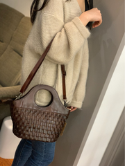 Brown Braided Leather Womens Bucket Handbag Shoulder Bucket Bag Purse Side Bag for Ladies