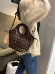 Brown Braided Leather Womens Bucket Handbag Shoulder Bucket Bag Purse Side Bag for Ladies
