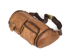 Brown Leather Barrel Fanny Pack Mens 8 inches Waist Bag Hip Pack Belt Bags Bumbags for Men