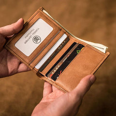 Brown Leather Men Slim Small Wallet Bifold billfold Vintage Wallet for Men