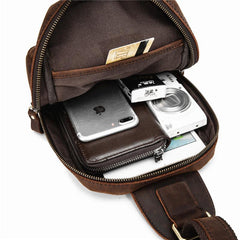Brown Leather Men's Sling Bag Red Brown Chest Bag 8 inches One Shoulder Backpack For Men