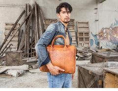 Vintage Brown Leather Mens 14 inches Briefcase Work Side Bag Brown Laptop Briefcase Business Bag for Men
