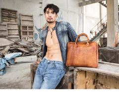 Vintage Brown Leather Mens 14 inches Briefcase Work Side Bag Brown Laptop Briefcase Business Bag for Men