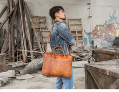 Vintage Brown Leather Mens 14 inches Briefcase Work Side Bag Brown Laptop Briefcase Business Bag for Men