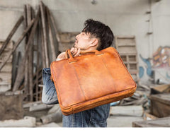 Vintage Brown Leather Mens 14 inches Briefcase Work Side Bag Brown Laptop Briefcase Business Bag for Men