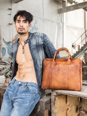 Vintage Brown Leather Mens 14 inches Briefcase Work Side Bag Brown Laptop Briefcase Business Bag for Men