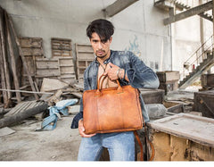 Vintage Brown Leather Mens 14 inches Briefcase Work Side Bag Brown Laptop Briefcase Business Bag for Men