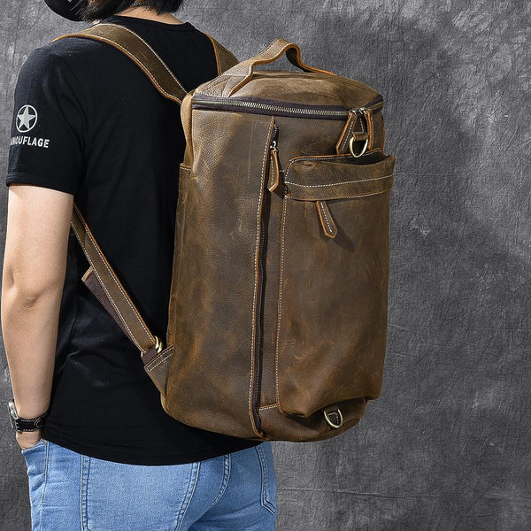 Brown Leather Mens 15" Laptop Bucket Hiking Backpack Travel Backpack Barrel Back 24J04591069