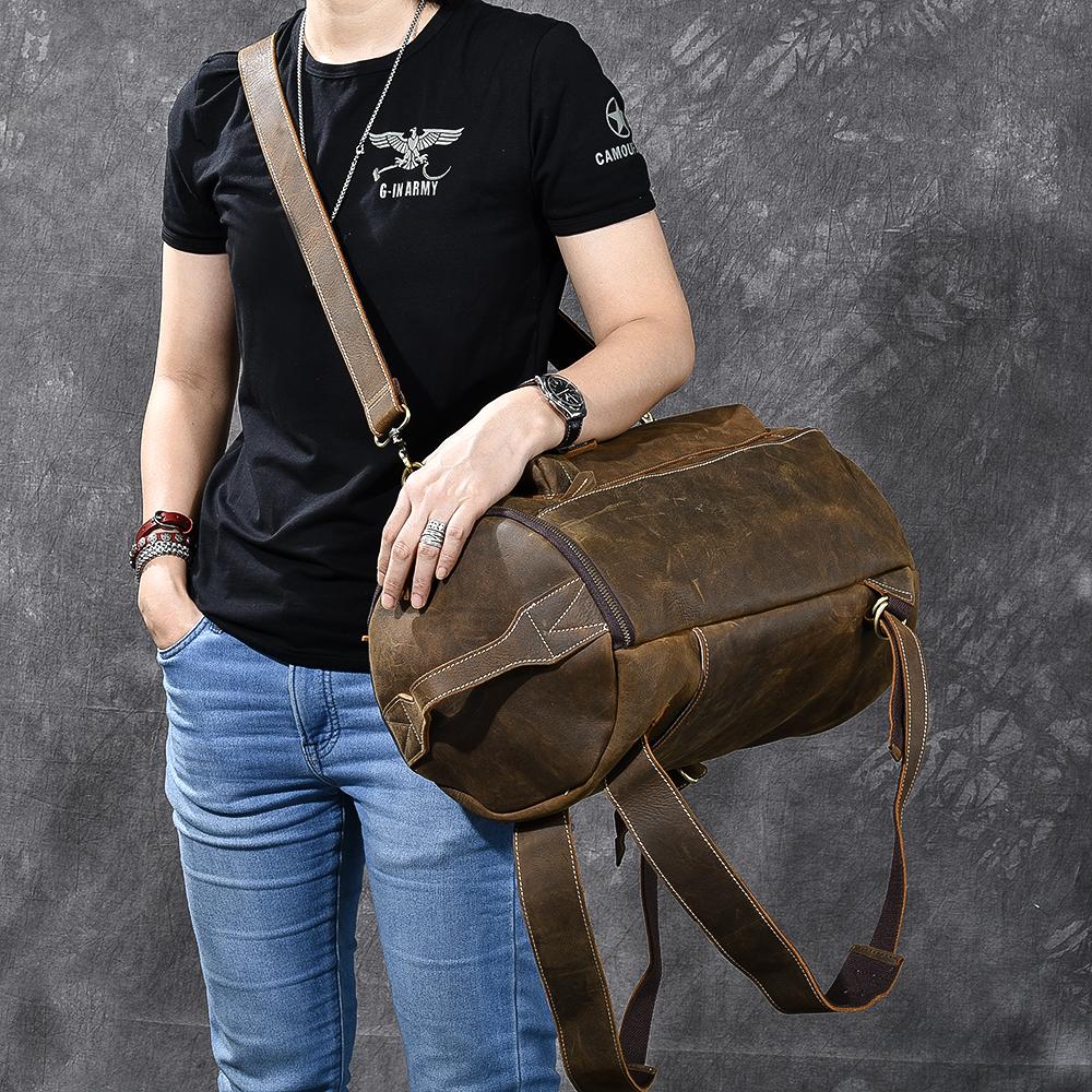 Brown Leather Mens 15" Laptop Bucket Hiking Backpack Travel Backpack Barrel Backpack for Men