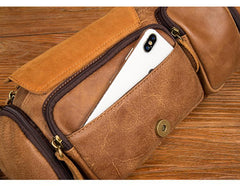 Cool Brown Leather Mens Large Fanny Pack Barrel Waist Bag Chest Bag Hip Pack Bum Pack for men