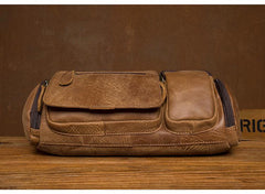 Cool Brown Leather Mens Large Fanny Pack Barrel Waist Bag Chest Bag Hip Pack Bum Pack for men