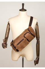 Cool Brown Leather Mens Large Fanny Pack Barrel Waist Bag Chest Bag Hip Pack Bum Pack for men