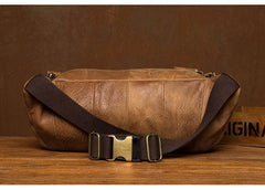 Cool Brown Leather Mens Large Fanny Pack Barrel Waist Bag Chest Bag Hip Pack Bum Pack for men