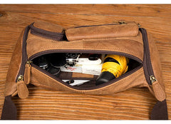 Cool Brown Leather Mens Large Fanny Pack Barrel Waist Bag Chest Bag Hip Pack Bum Pack for men