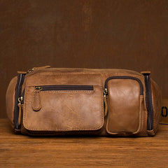 Cool Brown Leather Mens Large Fanny Pack Barrel Waist Bag Chest Bag Hip Pack Bum Pack for men