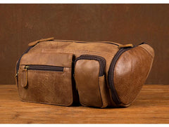 Cool Brown Leather Mens Large Fanny Pack Barrel Waist Bag Chest Bag Hip Pack Bum Pack for men