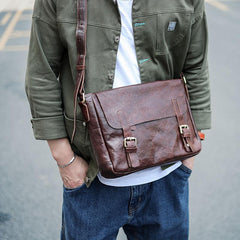 Brown Leather Mens Casual Courier Bags Messenger Bags 10 inches Postman Bag For Men