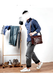 Brown Leather Mens Casual Courier Bags Messenger Bags 10 inches Postman Bag For Men