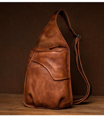 Cool Brown Leather Mens 8 inches Sling Bag Sling Pack Crossbody Pack Chest Bag for men
