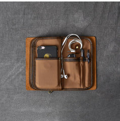 Brown Leather Mens Bifold Canvas Travel Clutch Bag Long Wallet For Men