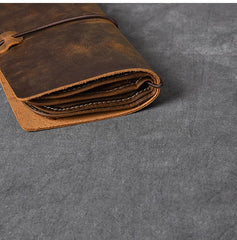 Brown Leather Mens Bifold Canvas Travel Clutch Bag Long Wallet For Men