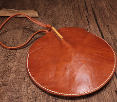 Brown Leather Womens Round Handbag Wristlet Purse Mini Circle Purse For Women