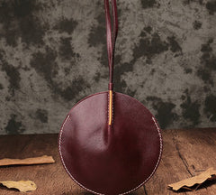 Brown Leather Womens Round Handbag Wristlet Purse Mini Circle Purse For Women