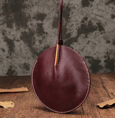 Brown Leather Womens Round Handbag Wristlet Purse Mini Circle Purse For Women