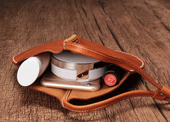 Brown Leather Womens Round Handbag Wristlet Purse Mini Circle Purse For Women