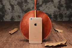 Brown Leather Womens Round Handbag Wristlet Purse Mini Circle Purse For Women