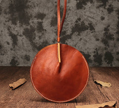Brown Leather Womens Round Handbag Wristlet Purse Mini Circle Purse For Women