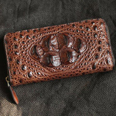 Brown Real Crocodile Leather Mens Long Wallet Zipper Wallet Clutch Wallet For Men