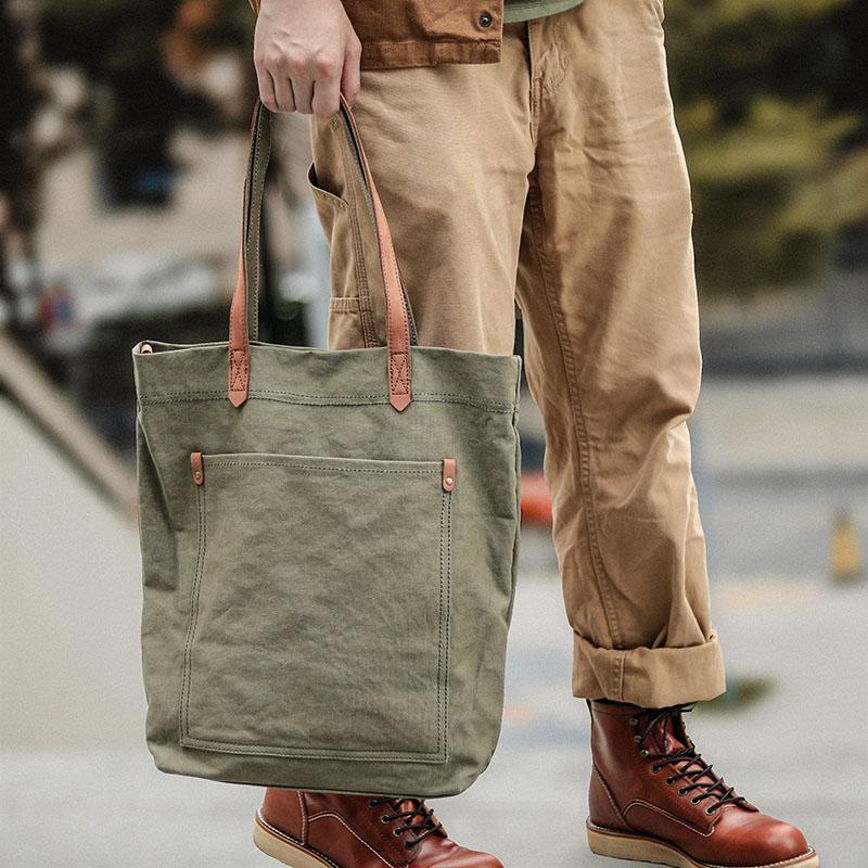 Khaki Vintage Canvas Men Womens Large Tote Bag Green Canvas Shoulder T