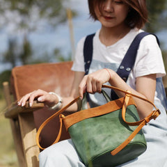 Vintage WOmens Green Leather Small Tote Bucket Bag Brown Small Tote Handbags Purse for Ladies