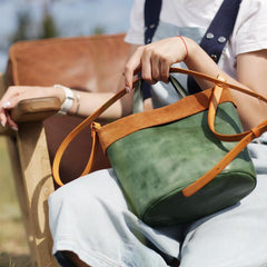 Vintage Womens Leather Brown Tote Handbag Small Green Shopper Tote Shoulder Tote for Ladies
