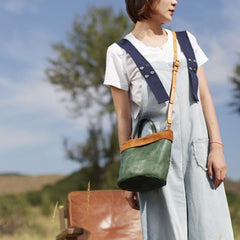 Vintage Womens Leather Brown Tote Handbag Small Green Shopper Tote Shoulder Tote for Ladies