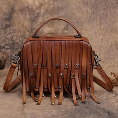 Brown Vintage Womens Leather Purse Tassel Handbag Red Shoulder Bag Crossbody Purses for Ladies