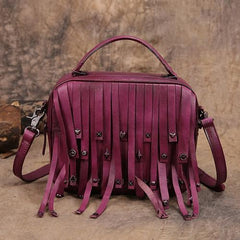 Purple Vintage Womens Leather Purse Tassel Handbag Brown Shoulder Bag Crossbody Purses for Ladies