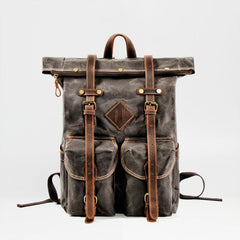 Brown Waxed Canvas Mens Waterproof Large 15'' Hiking Backpack Travel Backpack Computer Backpack for Men