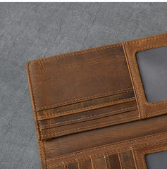 Vintage Brown Leather Mens Bifold Long Wallet Long Bifold Card Wallet For Men