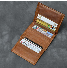 Brown Waxed Leather Mens Small Wallet billfold Trifold Card Wallet For Men